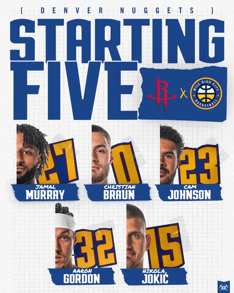 掘金首发：默里、布劳恩、约翰逊、阿龙-戈登、约基奇